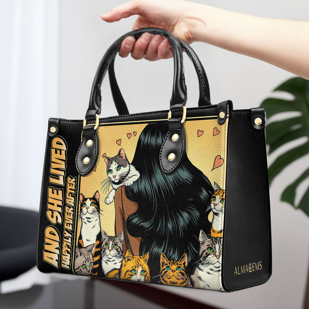 Y ella vivió feliz para siempre - Negro - Bolso de mano de cuero personalizado para amantes de los gatos - LL04BLACK