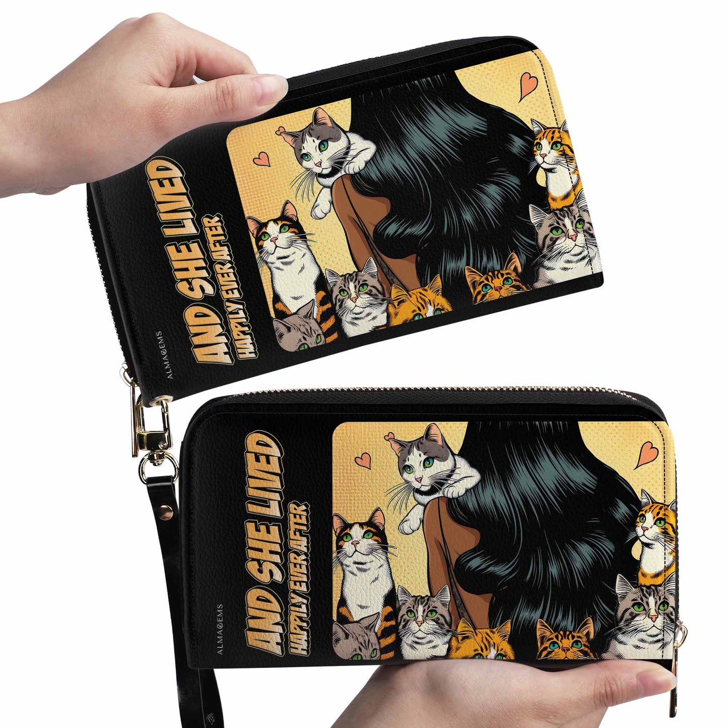 Y ella vivió felices para siempre - Negro - Cartera de cuero para mujer para amantes de los gatos - LL04BLACKWL