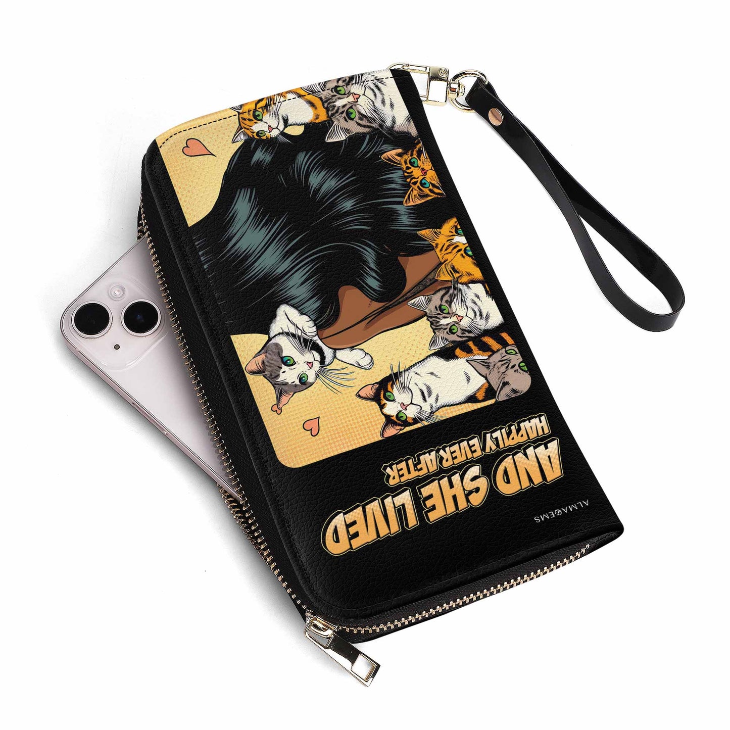 Y ella vivió felices para siempre - Negro - Cartera de cuero para mujer para amantes de los gatos - LL04BLACKWL