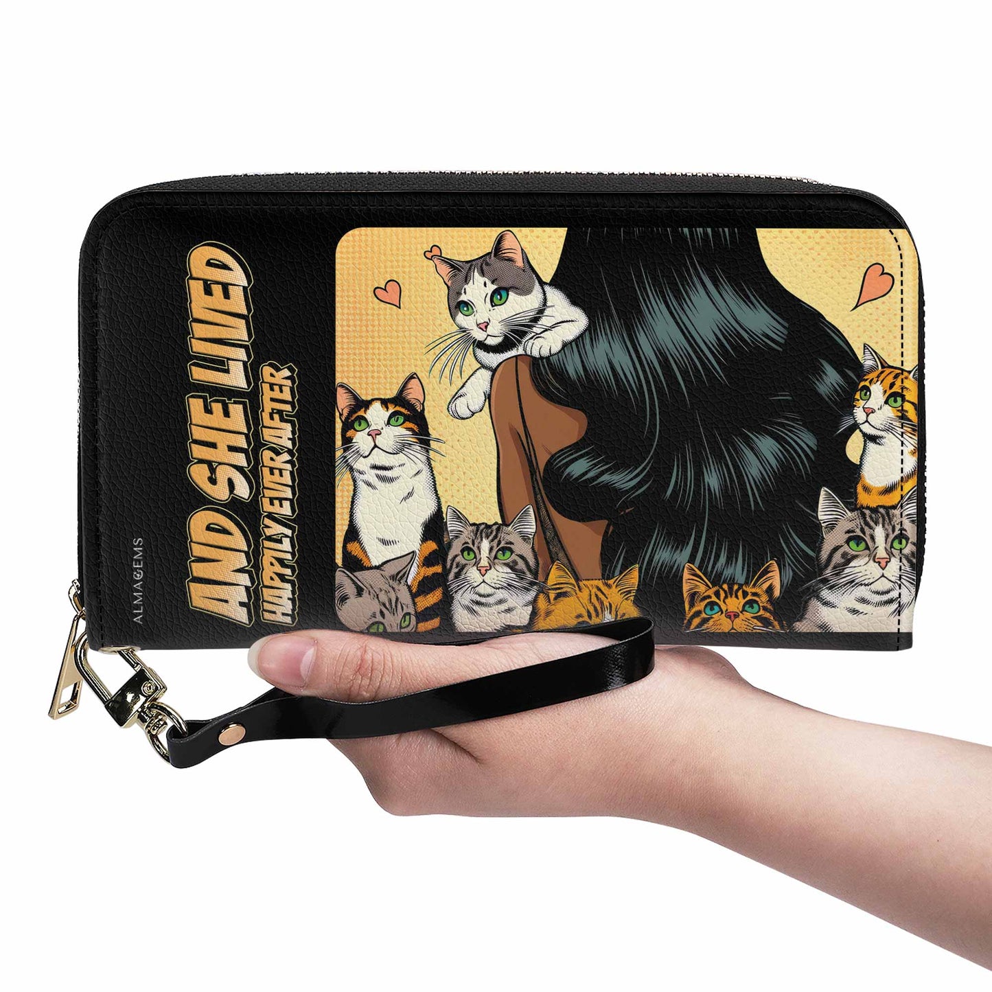 Y ella vivió felices para siempre - Negro - Cartera de cuero para mujer para amantes de los gatos - LL04BLACKWL
