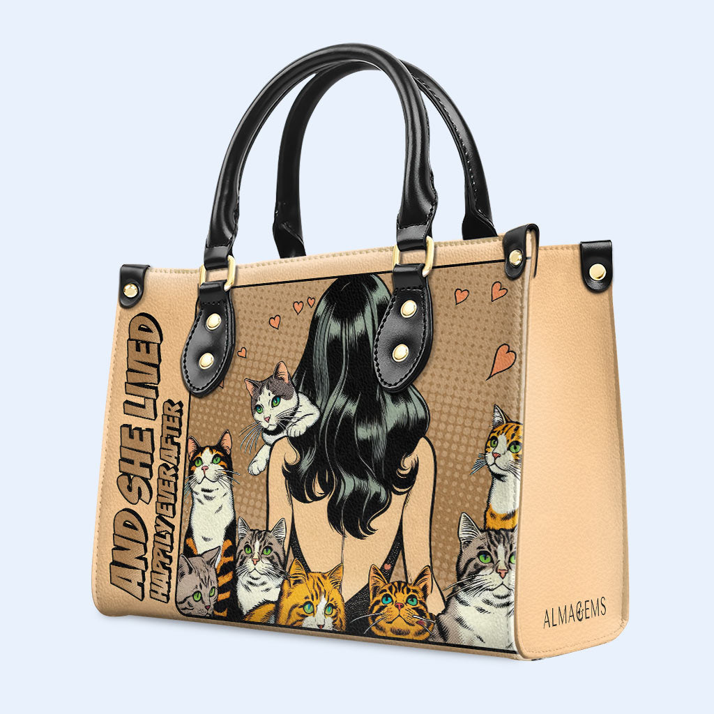Et elle vécut heureuse pour toujours - Marron - Sac à main en cuir personnalisé pour les amoureux des chats - LL04BROWN