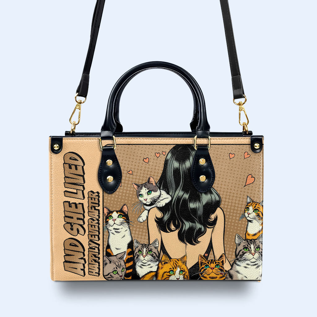 Et elle vécut heureuse pour toujours - Marron - Sac à main en cuir personnalisé pour les amoureux des chats - LL04BROWN