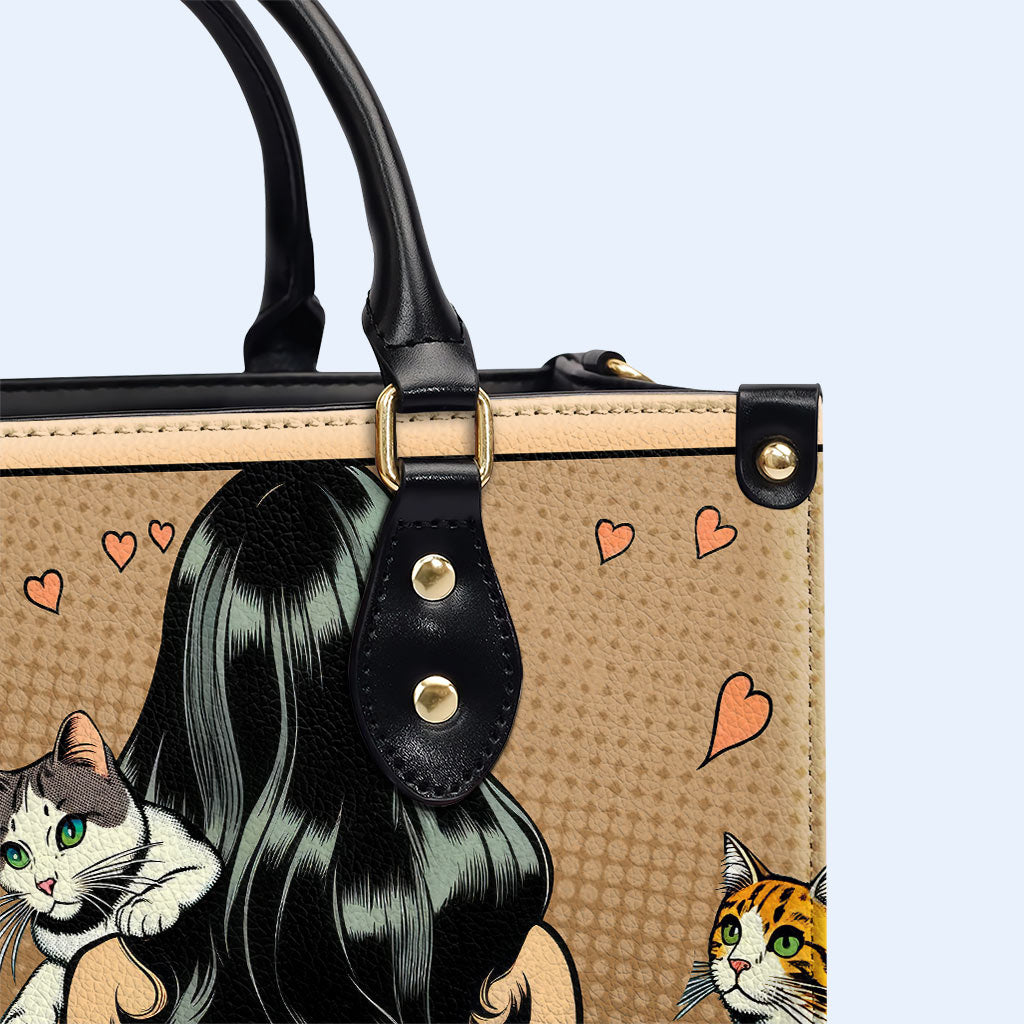 Et elle vécut heureuse pour toujours - Marron - Sac à main en cuir personnalisé pour les amoureux des chats - LL04BROWN