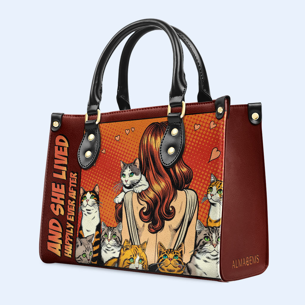 Et elle vécut heureuse pour toujours - Rouge - Sac à main en cuir personnalisé pour les amoureux des chats - LL04RED