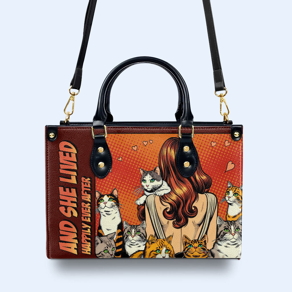 Et elle vécut heureuse pour toujours - Rouge - Sac à main en cuir personnalisé pour les amoureux des chats - LL04RED