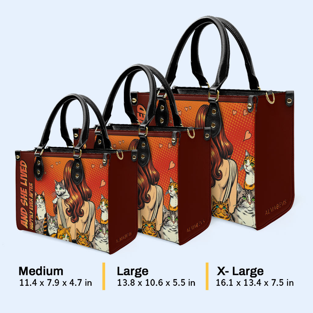 Et elle vécut heureuse pour toujours - Rouge - Sac à main en cuir personnalisé pour les amoureux des chats - LL04RED