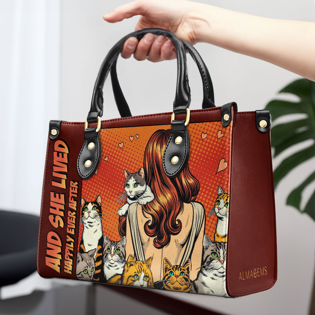 Et elle vécut heureuse pour toujours - Rouge - Sac à main en cuir personnalisé pour les amoureux des chats - LL04RED