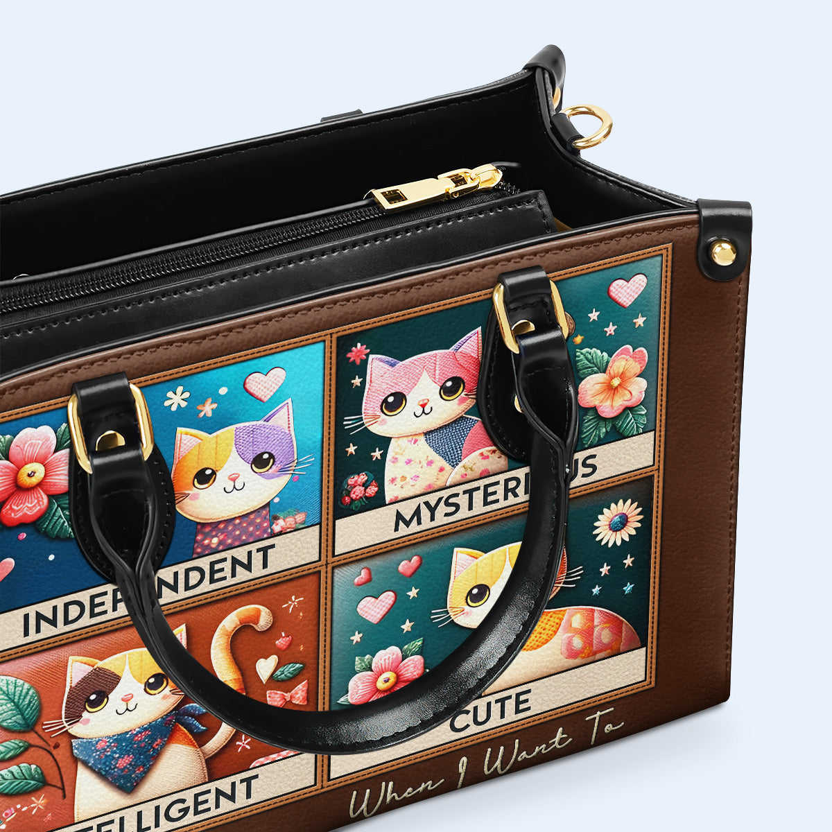 Independent. Mysterious. Intelligent. Cute. When I Want To - Personalized Custom Leather Handbag For Cat Lovers - LL14