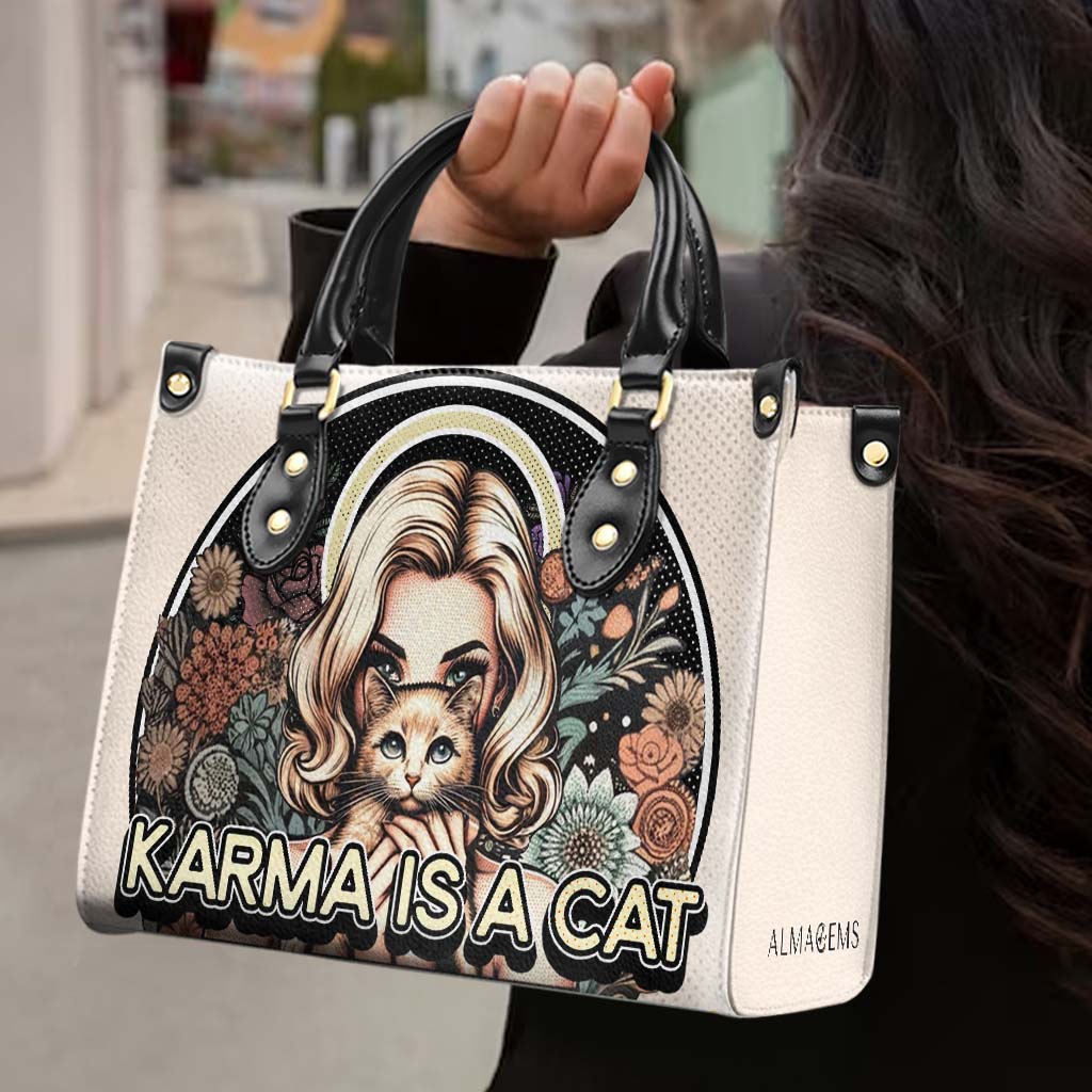 Karma Is A Cat - Sac à main en cuir personnalisé pour les amoureux des chats - LL16