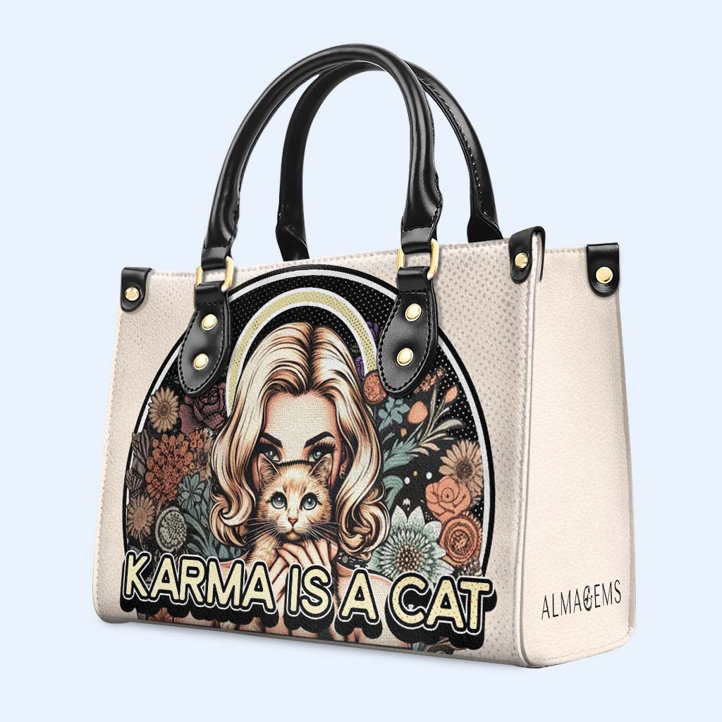 Karma Is A Cat - Sac à main en cuir personnalisé pour les amoureux des chats - LL16