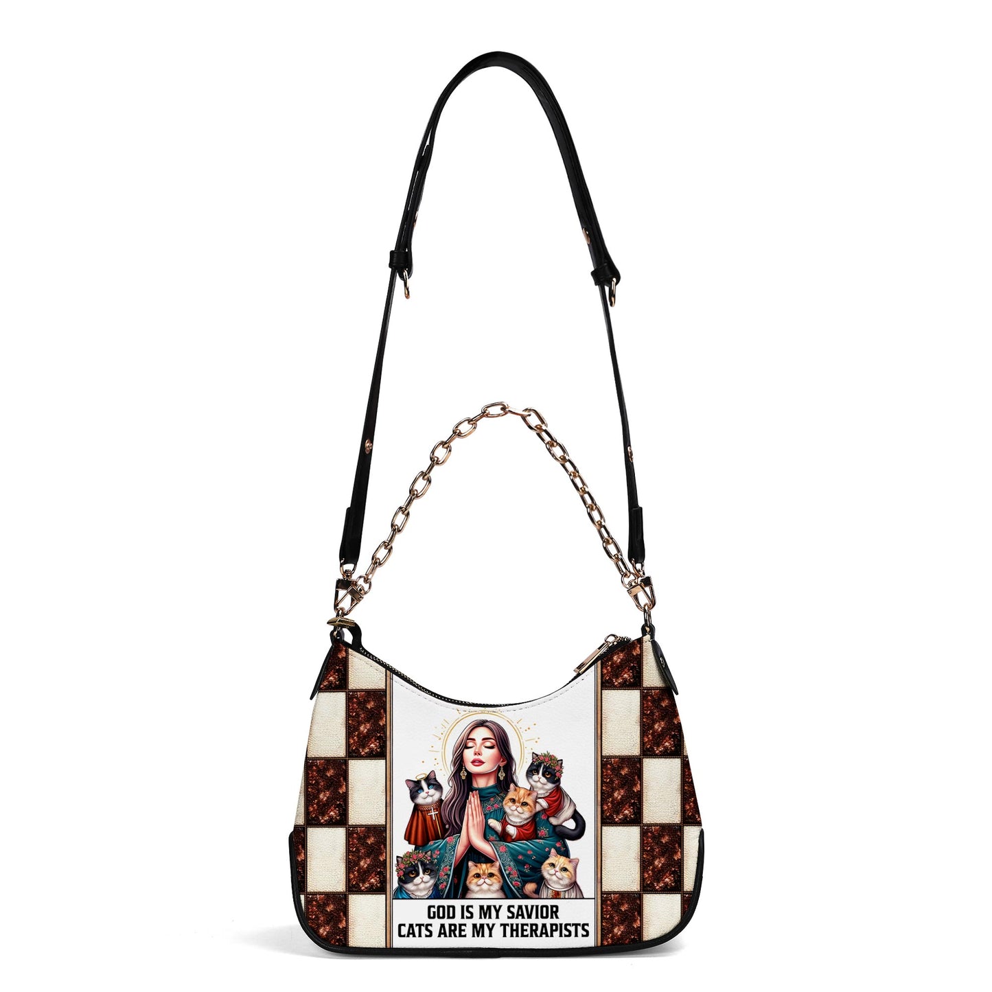 God Is My Savior, Cats Are My Therapists - Personalized Custom Chain Crossbody Handbag - LL25