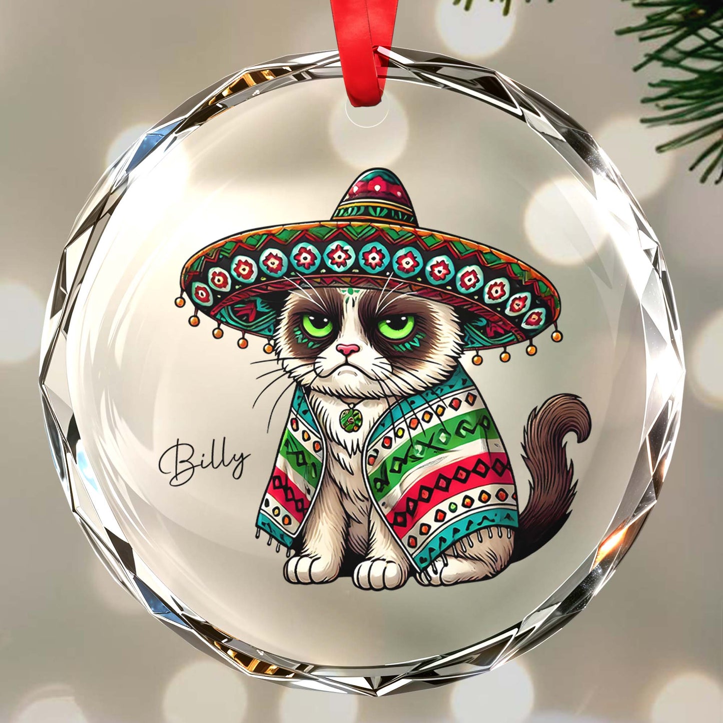 Day Of The Dead Styled Cat With Sombrero Glass Ornament