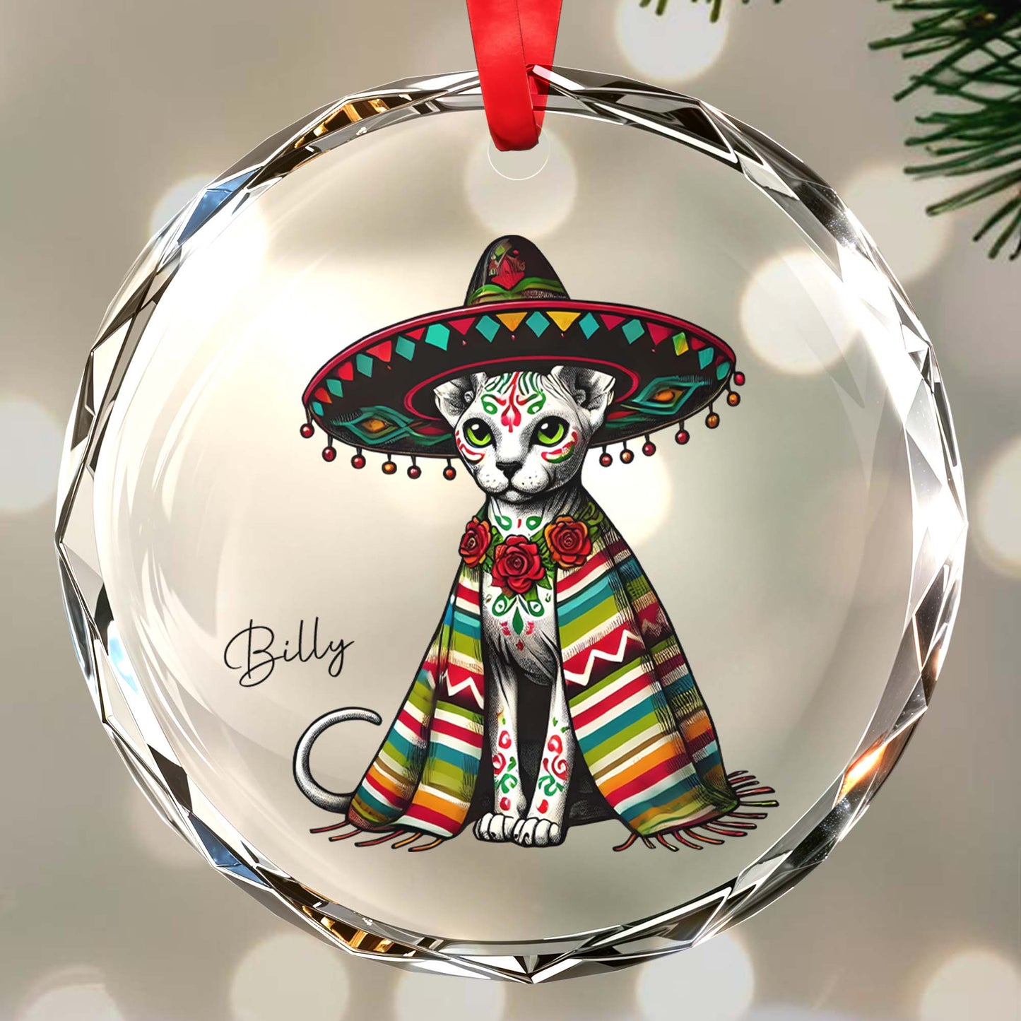 Day Of The Dead Styled Cat With Sombrero Glass Ornament