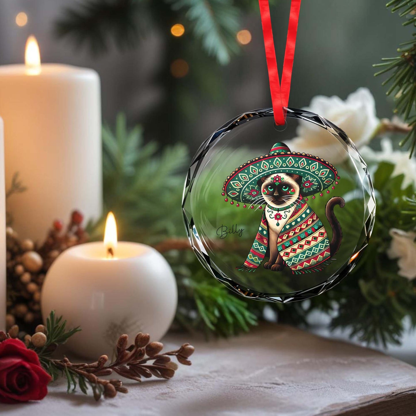 Day Of The Dead Styled Cat With Sombrero Glass Ornament