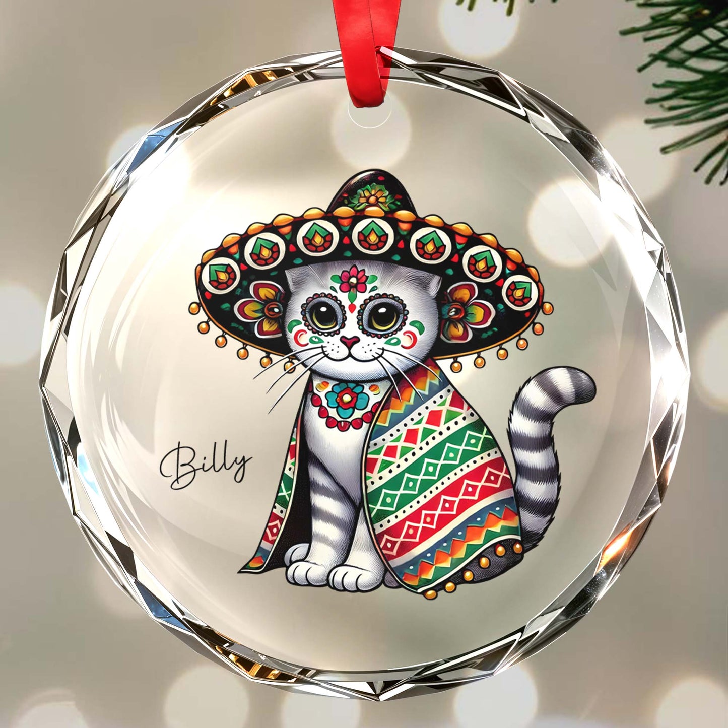 Day Of The Dead Styled Cat With Sombrero Glass Ornament