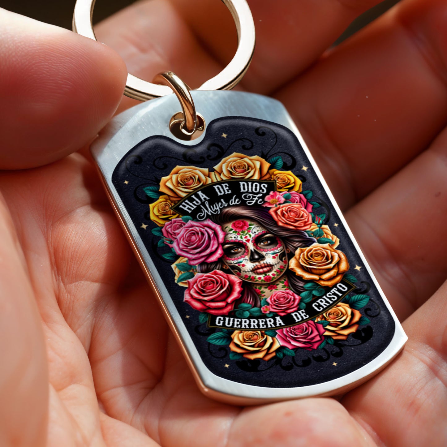 Daughter Of God Warrior Of Christ Keychain With Skull And Roses
