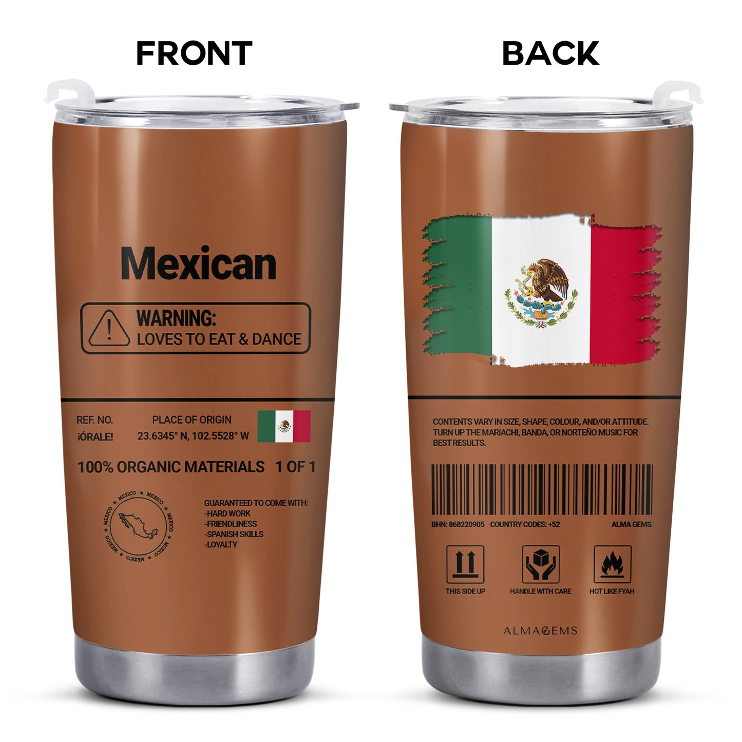 Valeurs nutritionnelles mexicaines - Gobelet personnalisé en acier inoxydable 20 oz 30 oz - ME055_TB