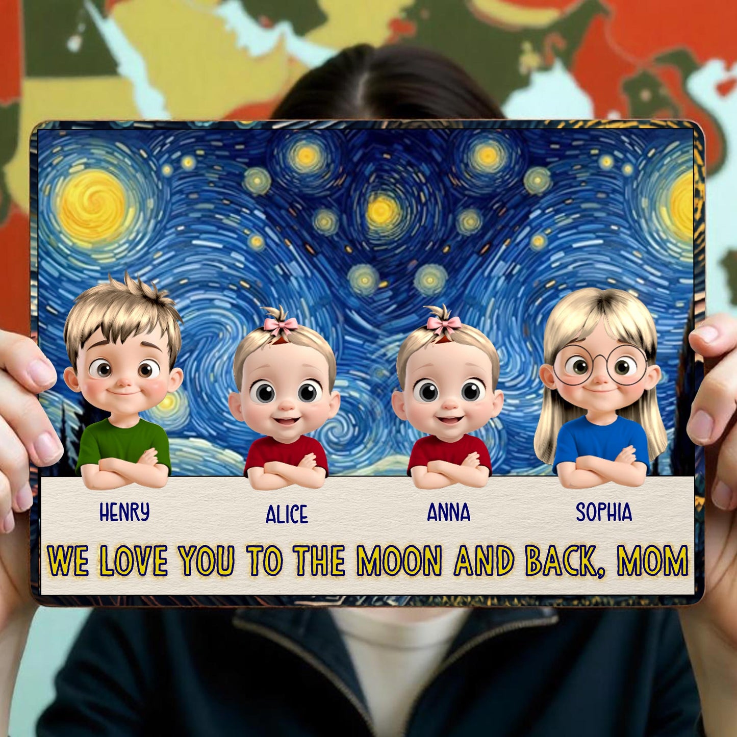 We Love You To The Moon And Back, Mom, Cartoon Children and Starry Night Sky