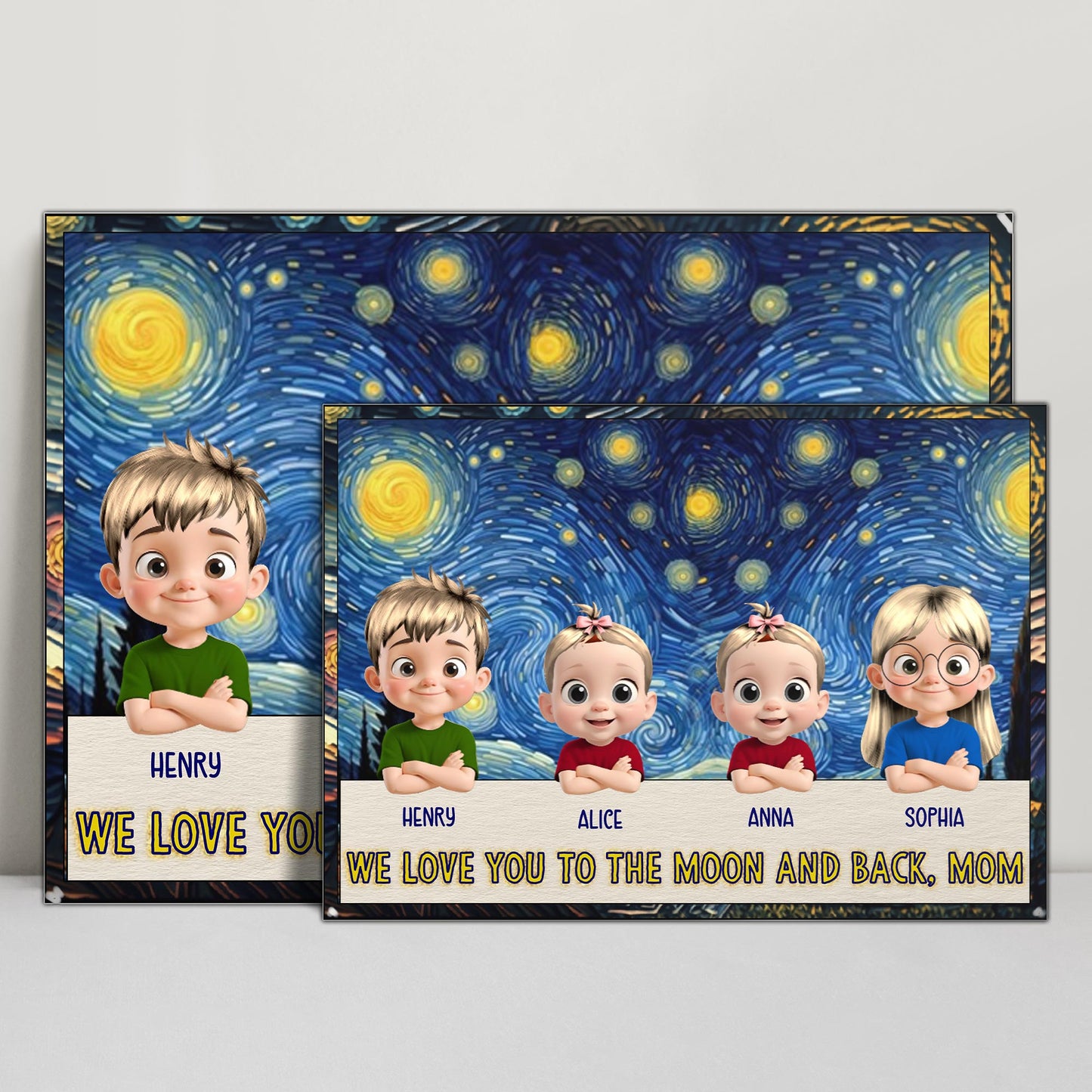 We Love You To The Moon And Back, Mom, Cartoon Children and Starry Night Sky