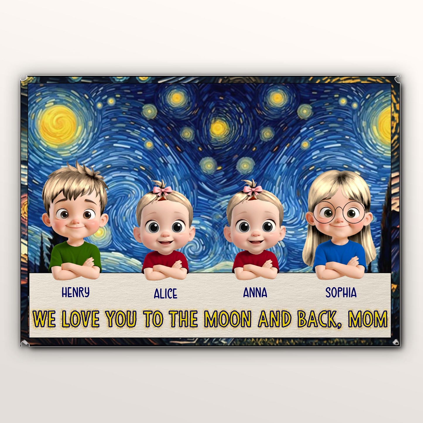 We Love You To The Moon And Back, Mom, Cartoon Children and Starry Night Sky