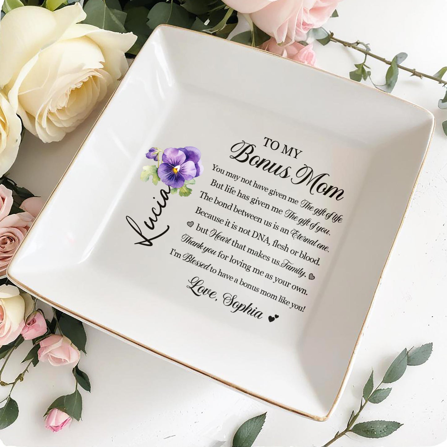 To My Bonus Mom, Eternal Bond, Blessed To Have You - Personalized Custom Jewelry Dish - MOM027_SCRD