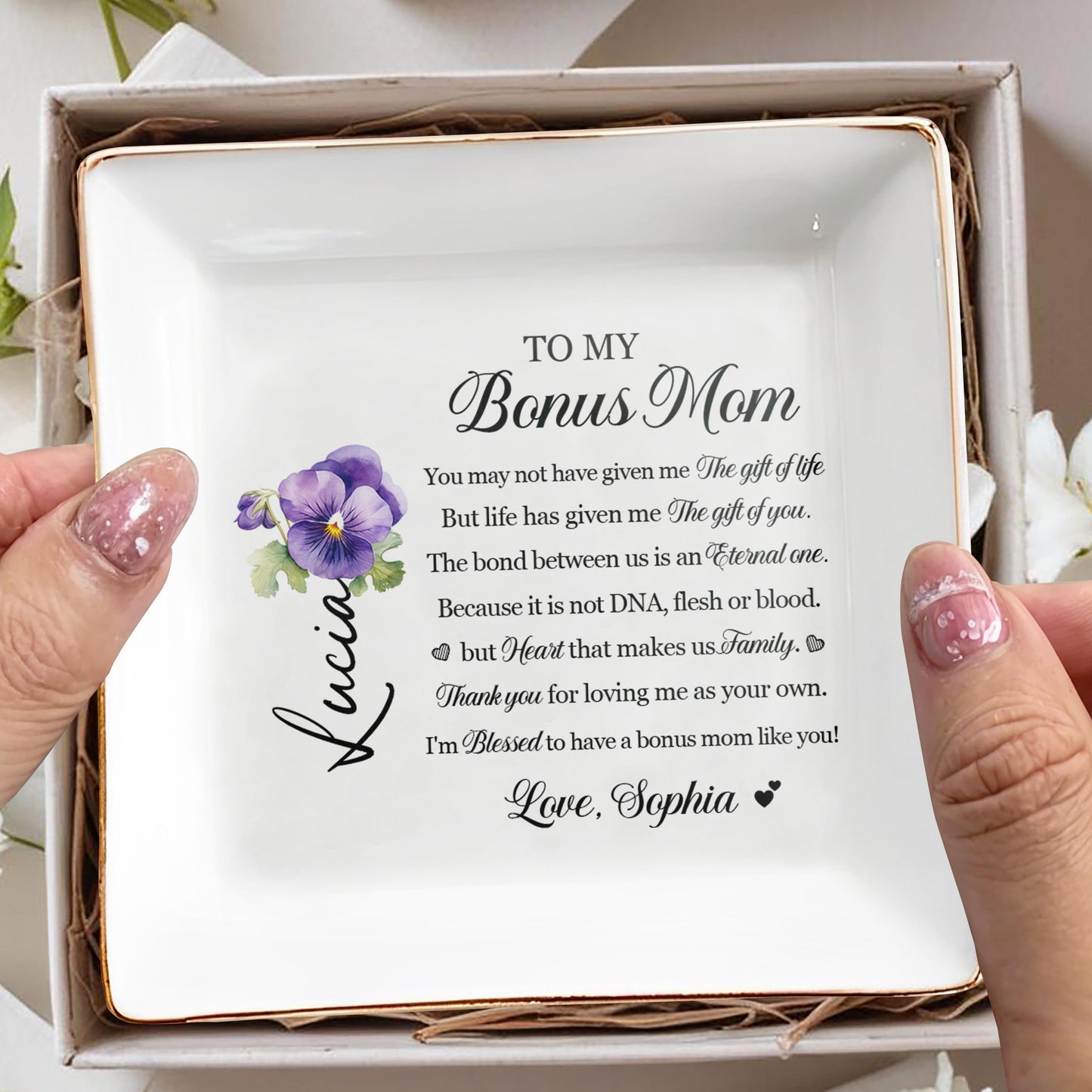To My Bonus Mom, Eternal Bond, Blessed To Have You - Personalized Custom Jewelry Dish - MOM027_SCRD