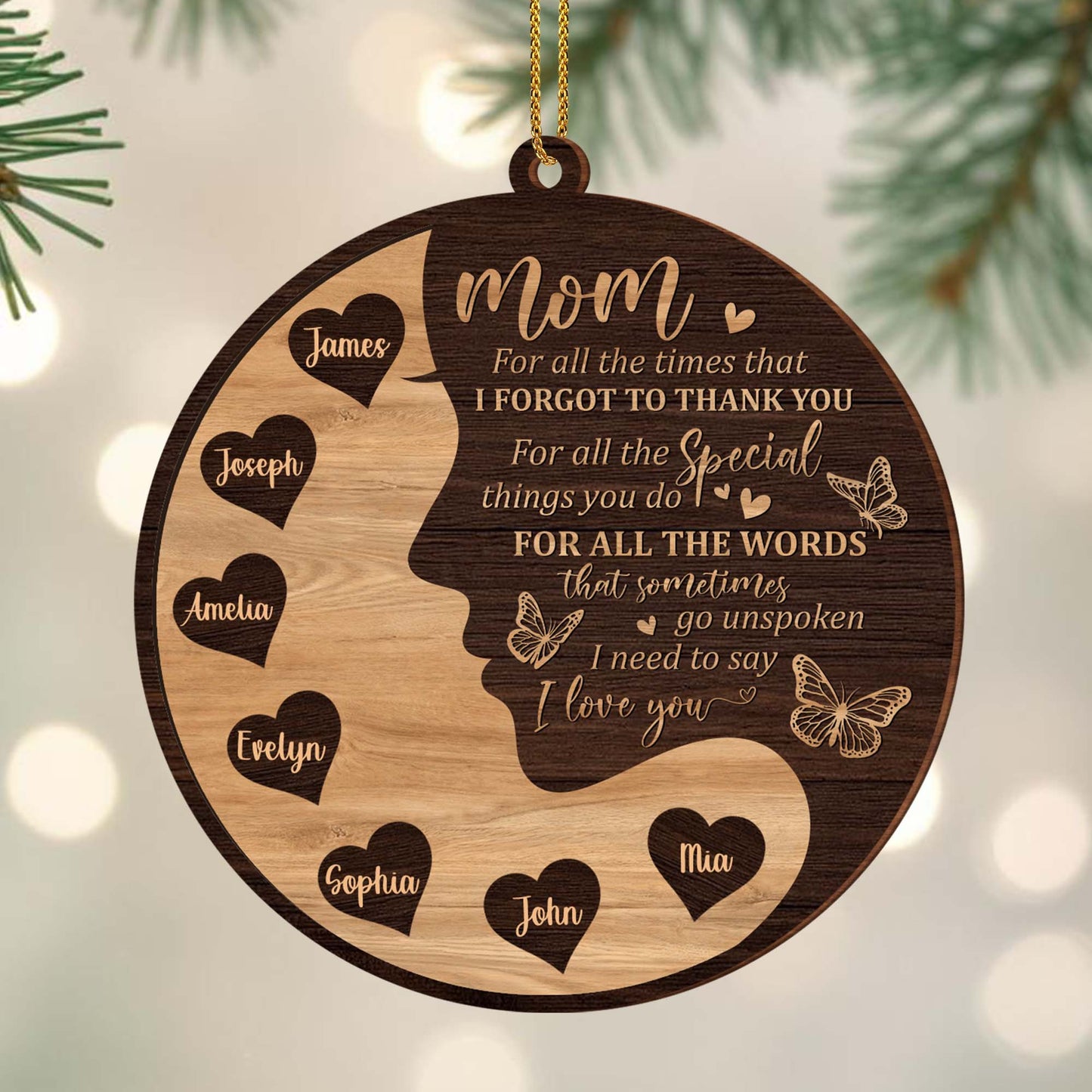 Love And Thanks Mom Wooden Ornament With Hearts And Butterflies