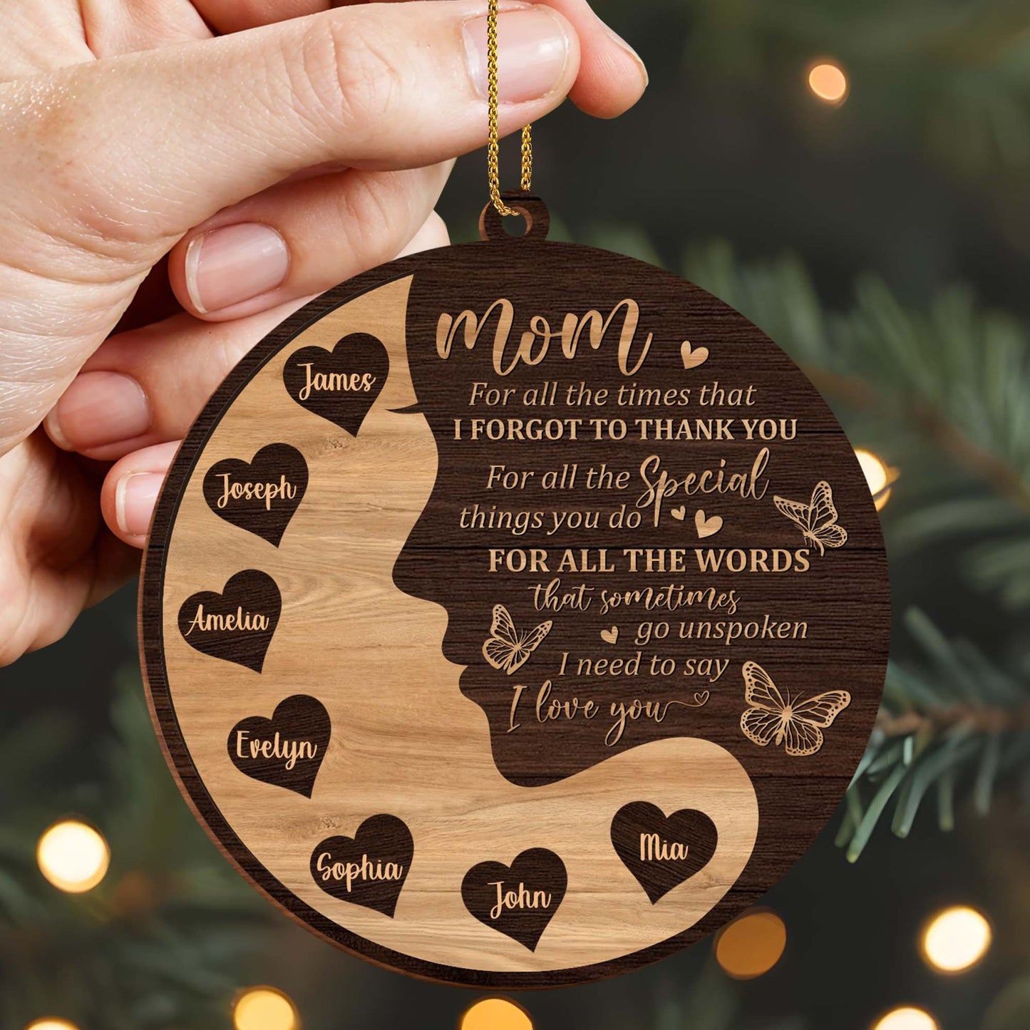 Love And Thanks Mom Wooden Ornament With Hearts And Butterflies
