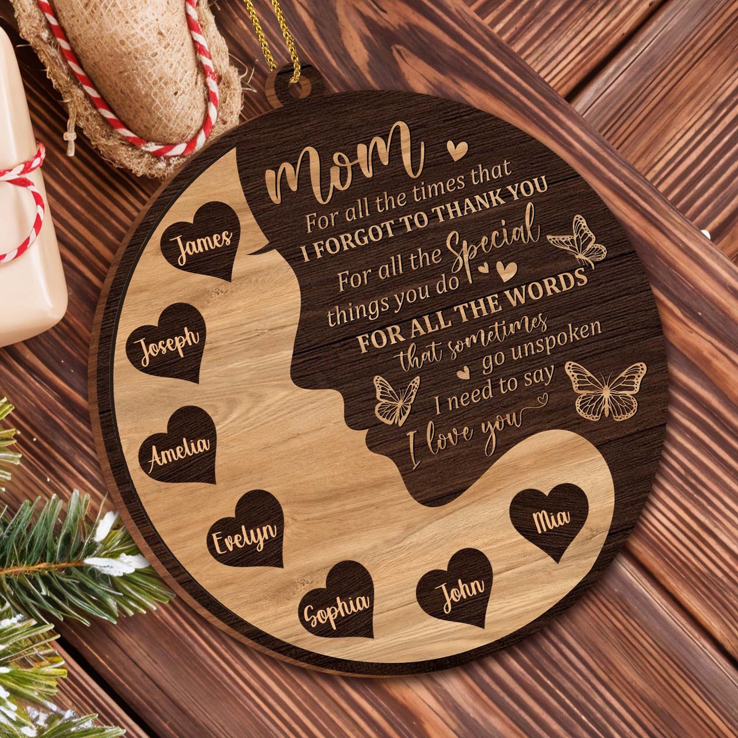 Love And Thanks Mom Wooden Ornament With Hearts And Butterflies