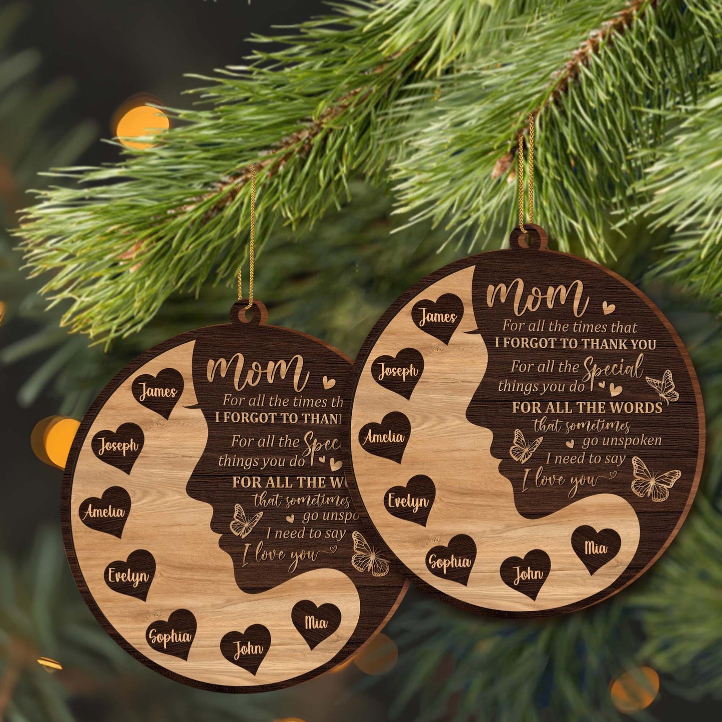 Love And Thanks Mom Wooden Ornament With Hearts And Butterflies