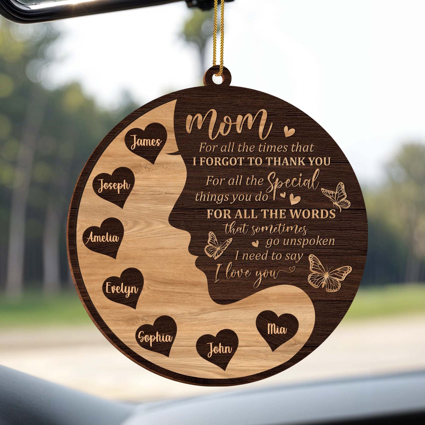 Love And Thanks Mom Wooden Ornament With Hearts And Butterflies