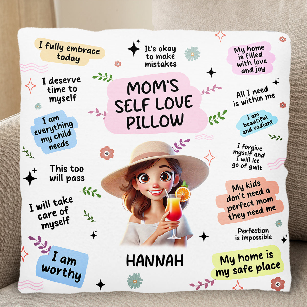 Mom's Self Love Pillow With Flowers And Cocktail