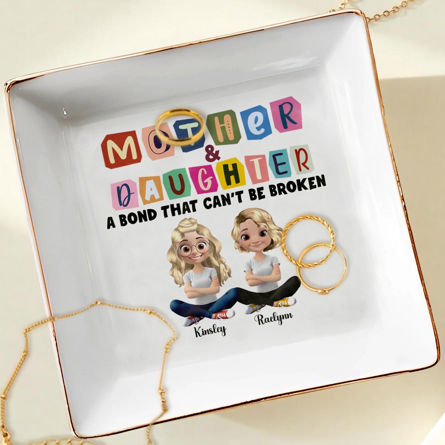 Mother & Daughter A Bond That Can't Be Broken, Cartoon Characters - Personalized Custom Jewelry Dish, Ceramic Dish, Square Shape - MOM037_SCRF