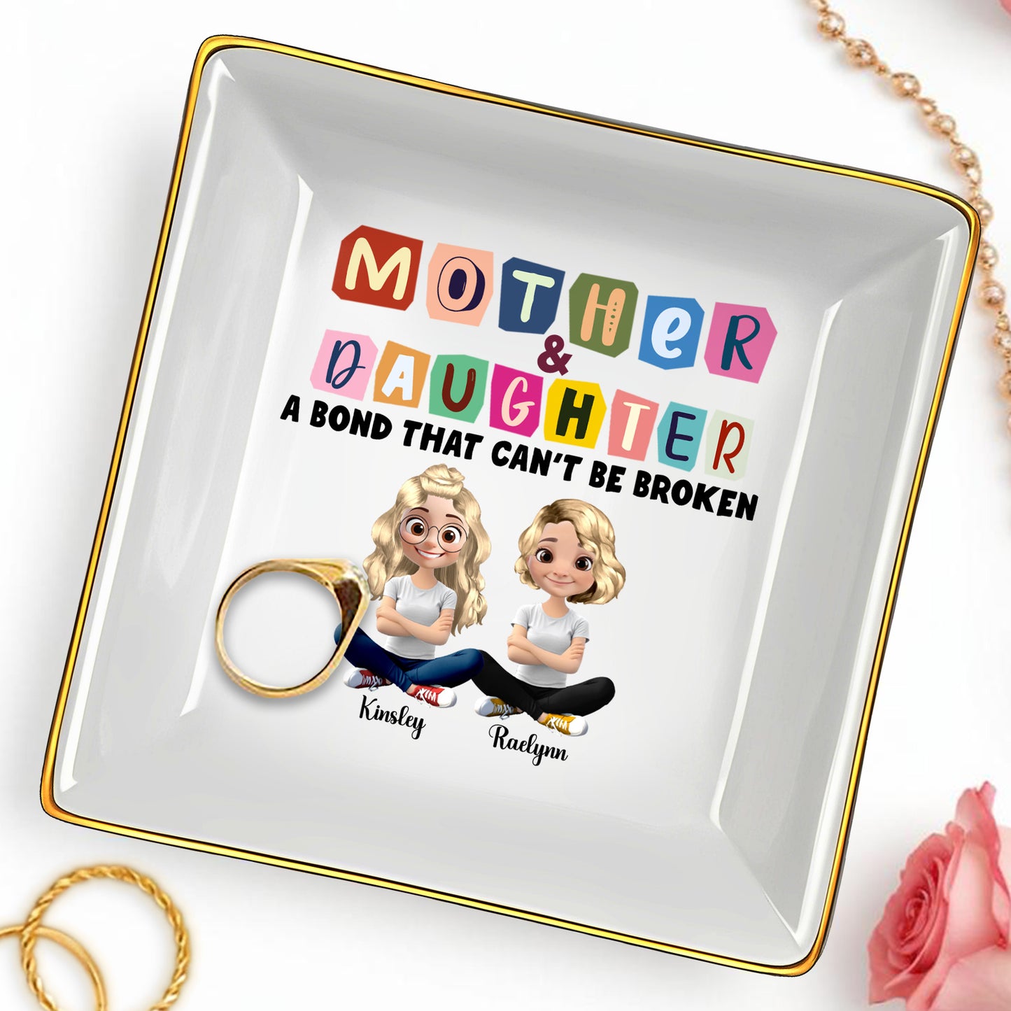 Mother & Daughter A Bond That Can't Be Broken, Cartoon Characters - Personalized Custom Jewelry Dish, Ceramic Dish, Square Shape - MOM037_SCRF