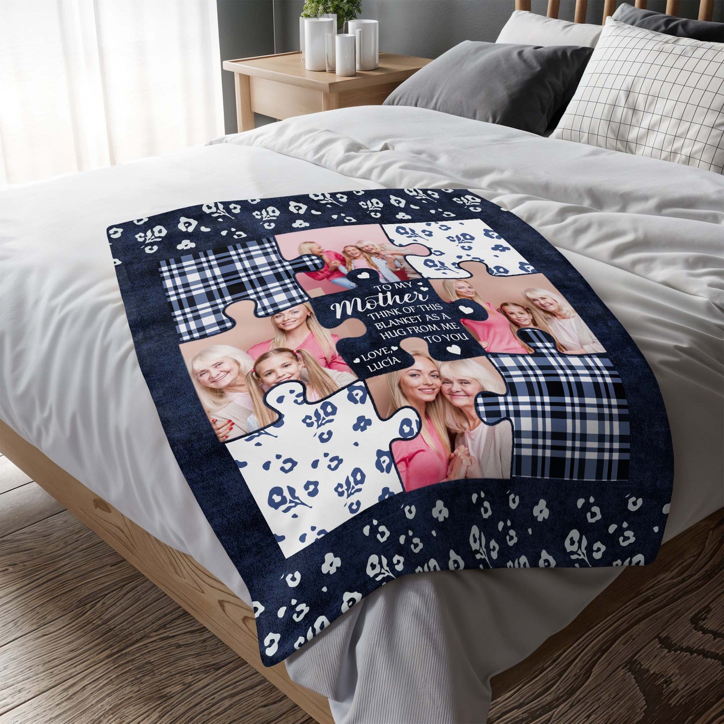 Mother's Hug Puzzle Pieces And Hearts Blanket