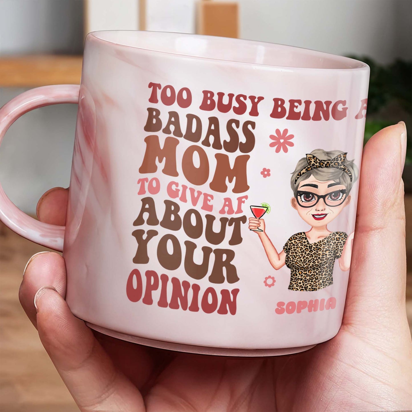 Too Busy Being A Badass Mom Leopard Print Top and Martini Glass - Personalized Custom Pink Marble Mug - MOM040_PMAM
