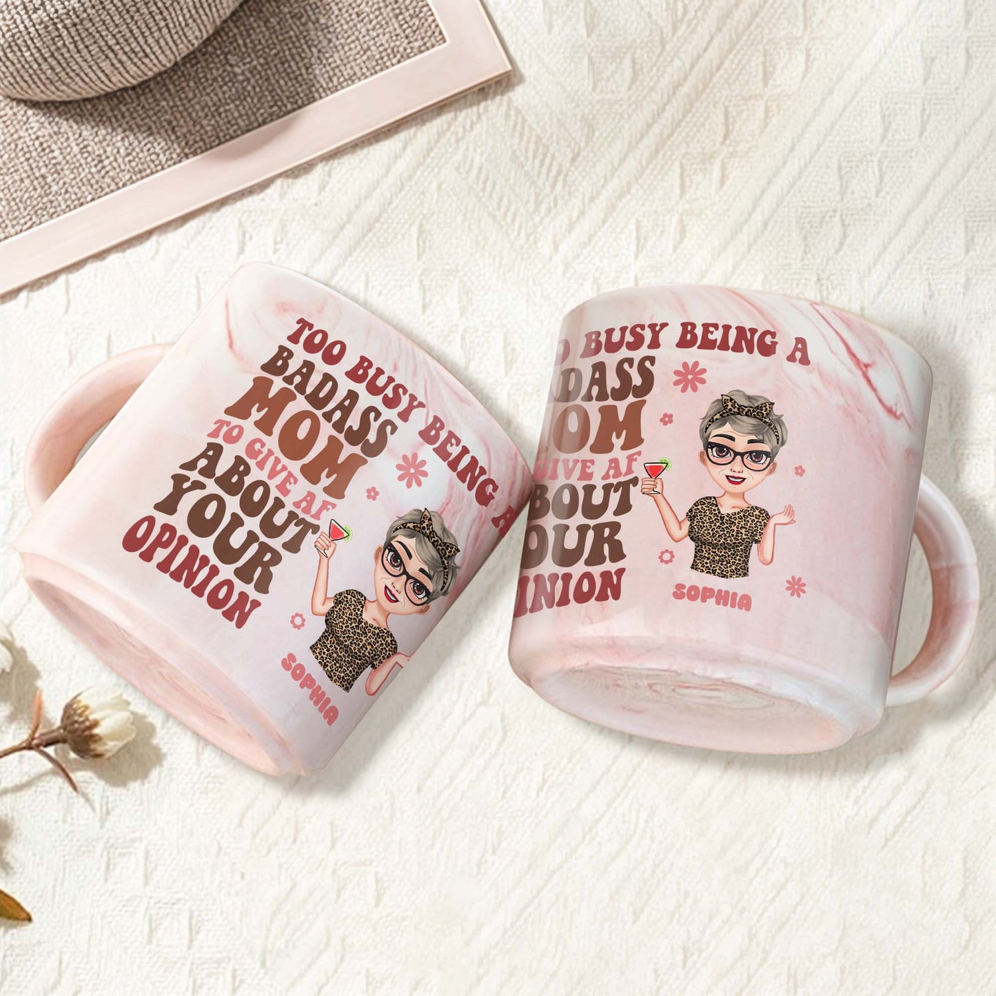 Too Busy Being A Badass Mom Leopard Print Top and Martini Glass - Personalized Custom Pink Marble Mug - MOM040_PMAM