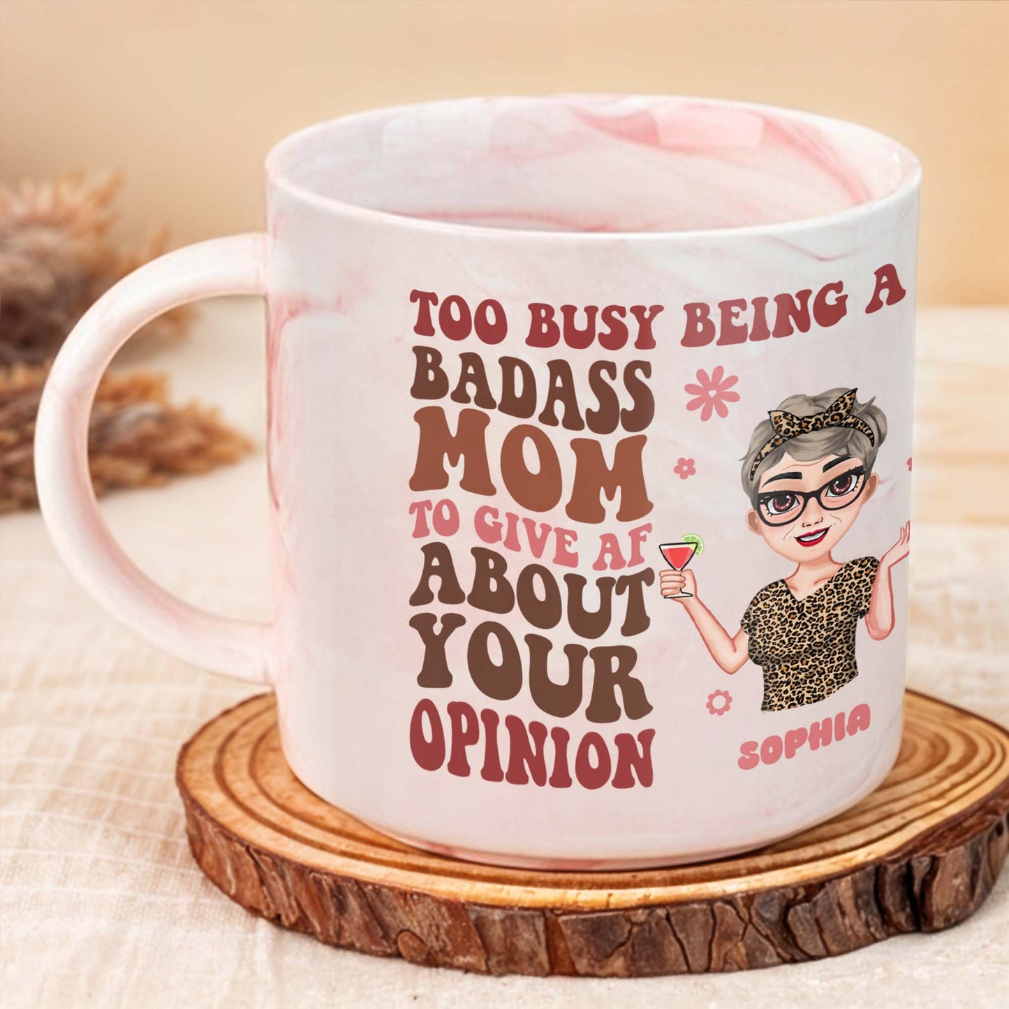 Too Busy Being A Badass Mom Leopard Print Top and Martini Glass - Personalized Custom Pink Marble Mug - MOM040_PMAM