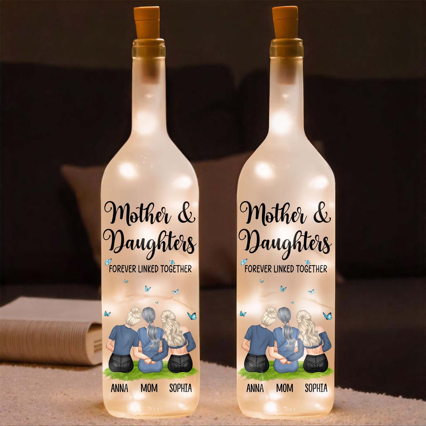 Mother And Daughters Forever Linked Together With Butterflies - Personalized Bottle Lamp - MOM048_BTL