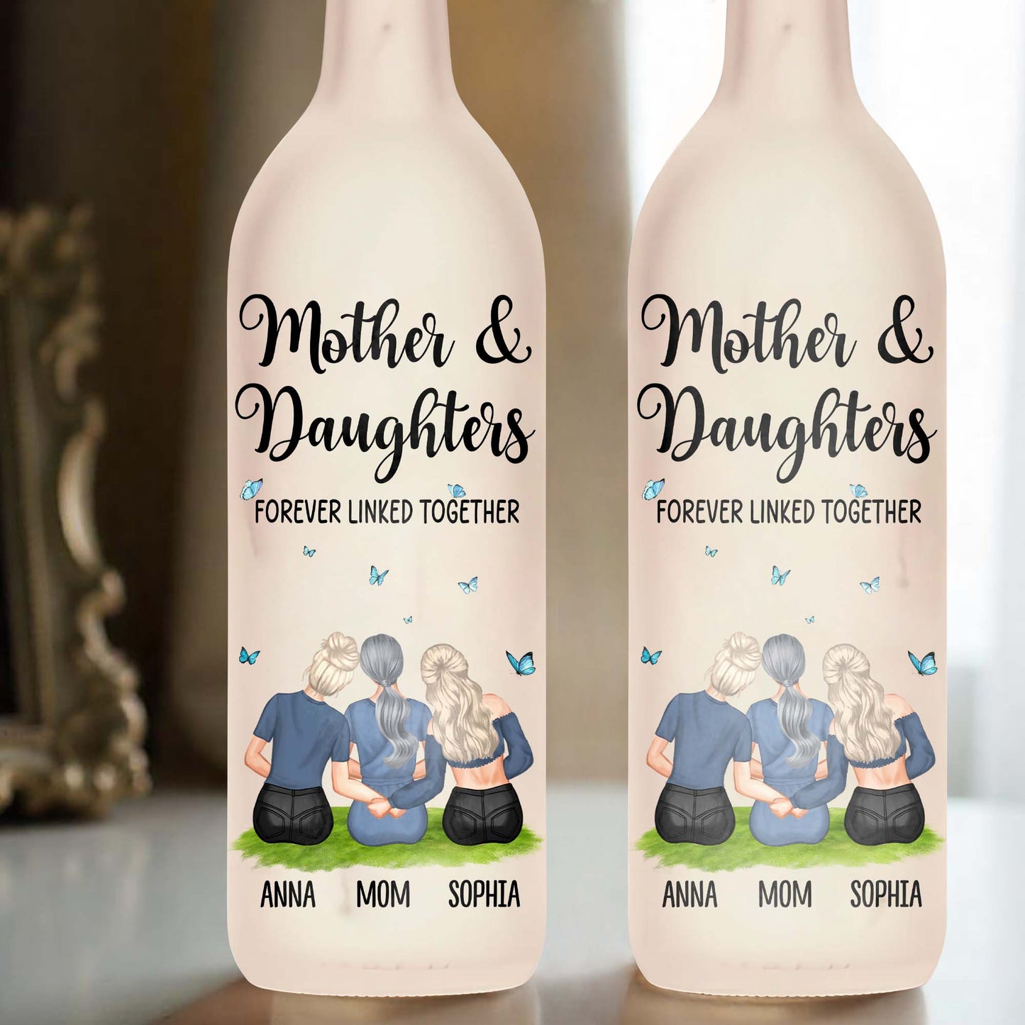 Mother And Daughters Forever Linked Together With Butterflies - Personalized Bottle Lamp - MOM048_BTL