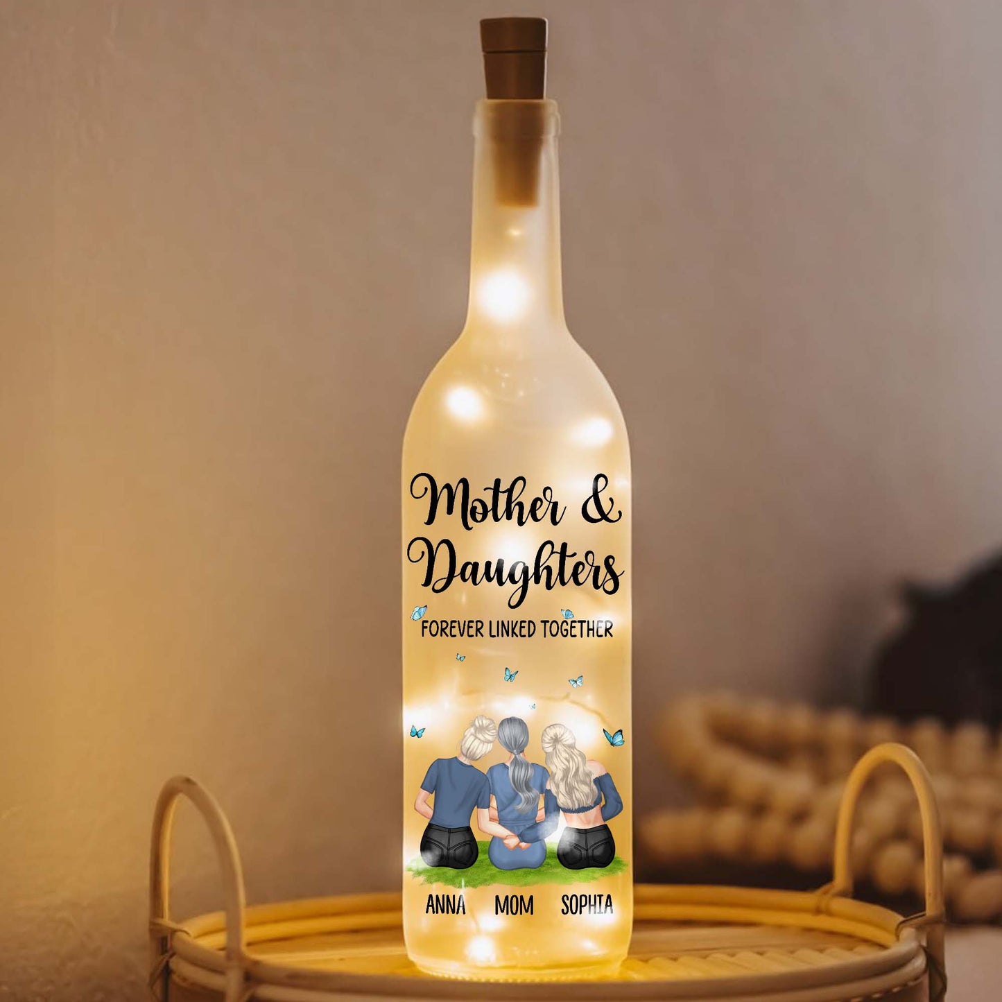 Mother And Daughters Forever Linked Together With Butterflies - Personalized Bottle Lamp - MOM048_BTL