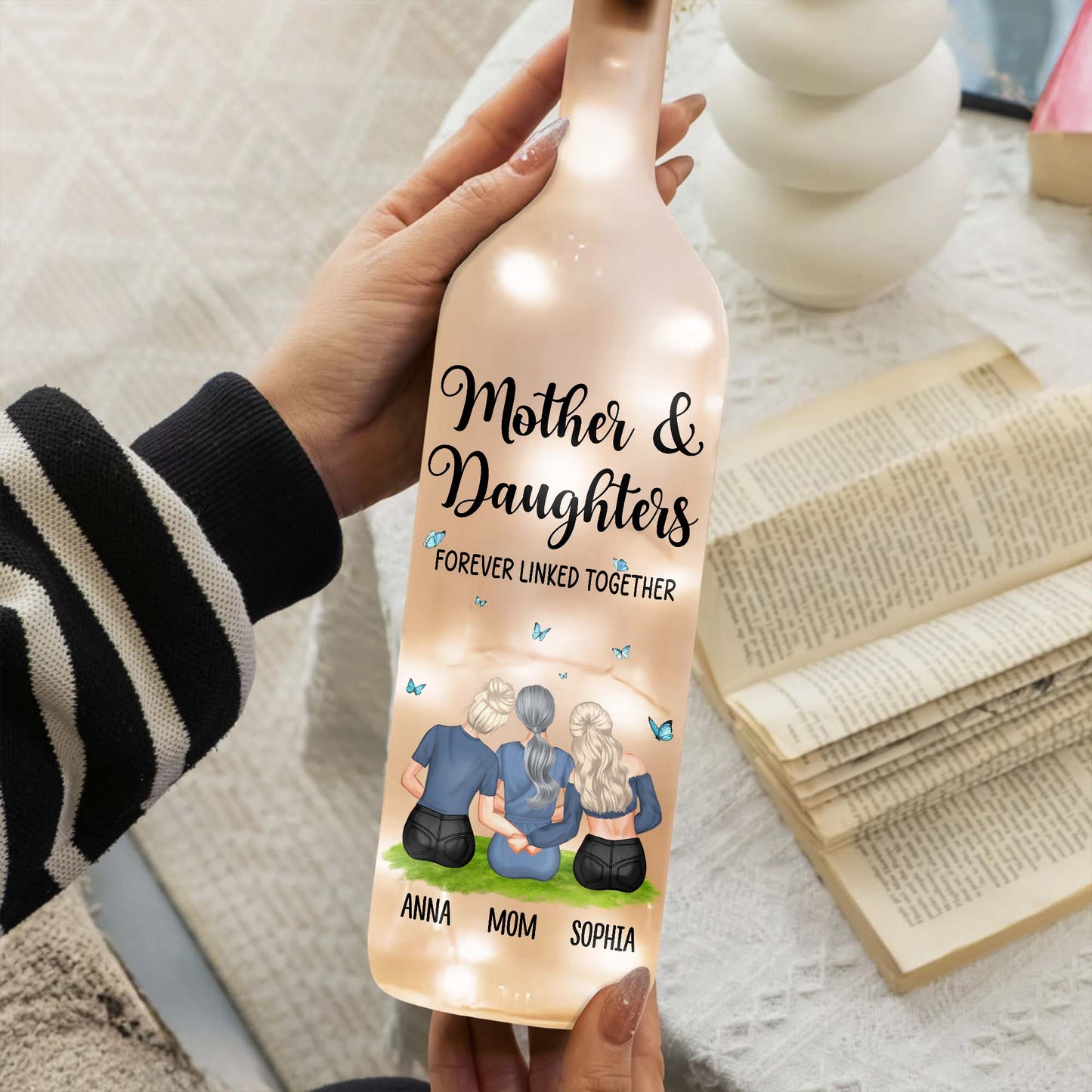 Mother And Daughters Forever Linked Together With Butterflies - Personalized Bottle Lamp - MOM048_BTL