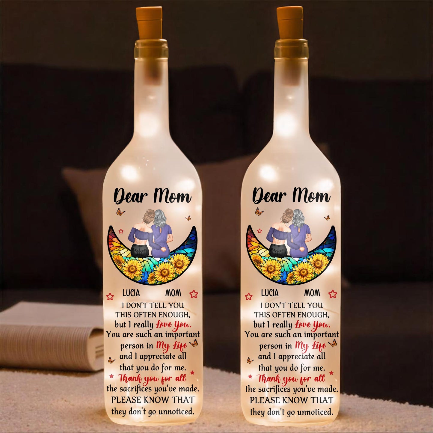 Dear Mom Sunflowers And Butterflies Boat Design - Personalized Bottle Lamp - MOM050_BTL