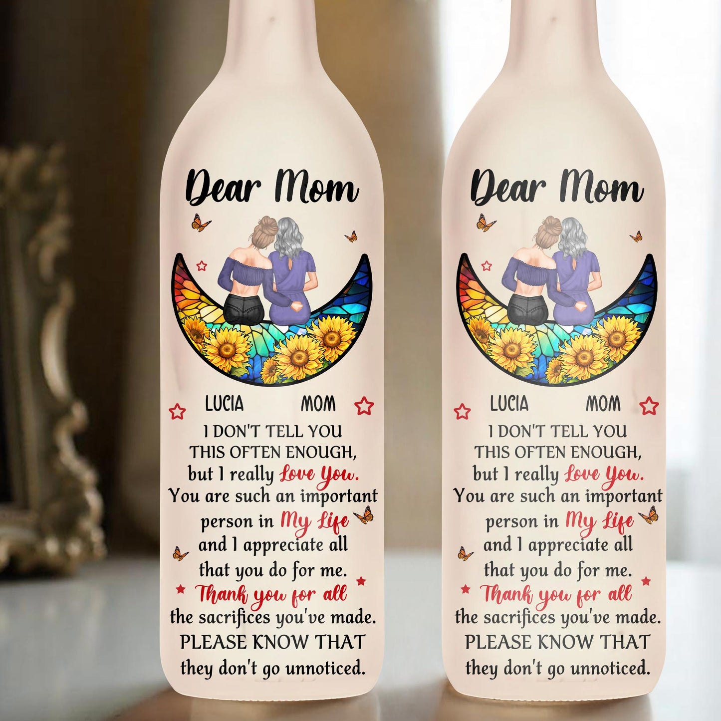 Dear Mom Sunflowers And Butterflies Boat Design - Personalized Bottle Lamp - MOM050_BTL