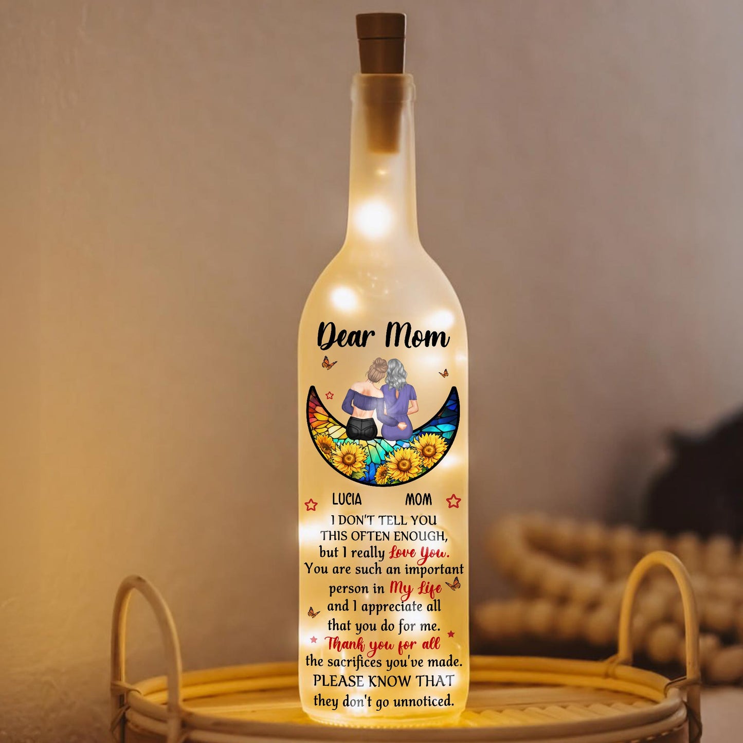 Dear Mom Sunflowers And Butterflies Boat Design - Personalized Bottle Lamp - MOM050_BTL
