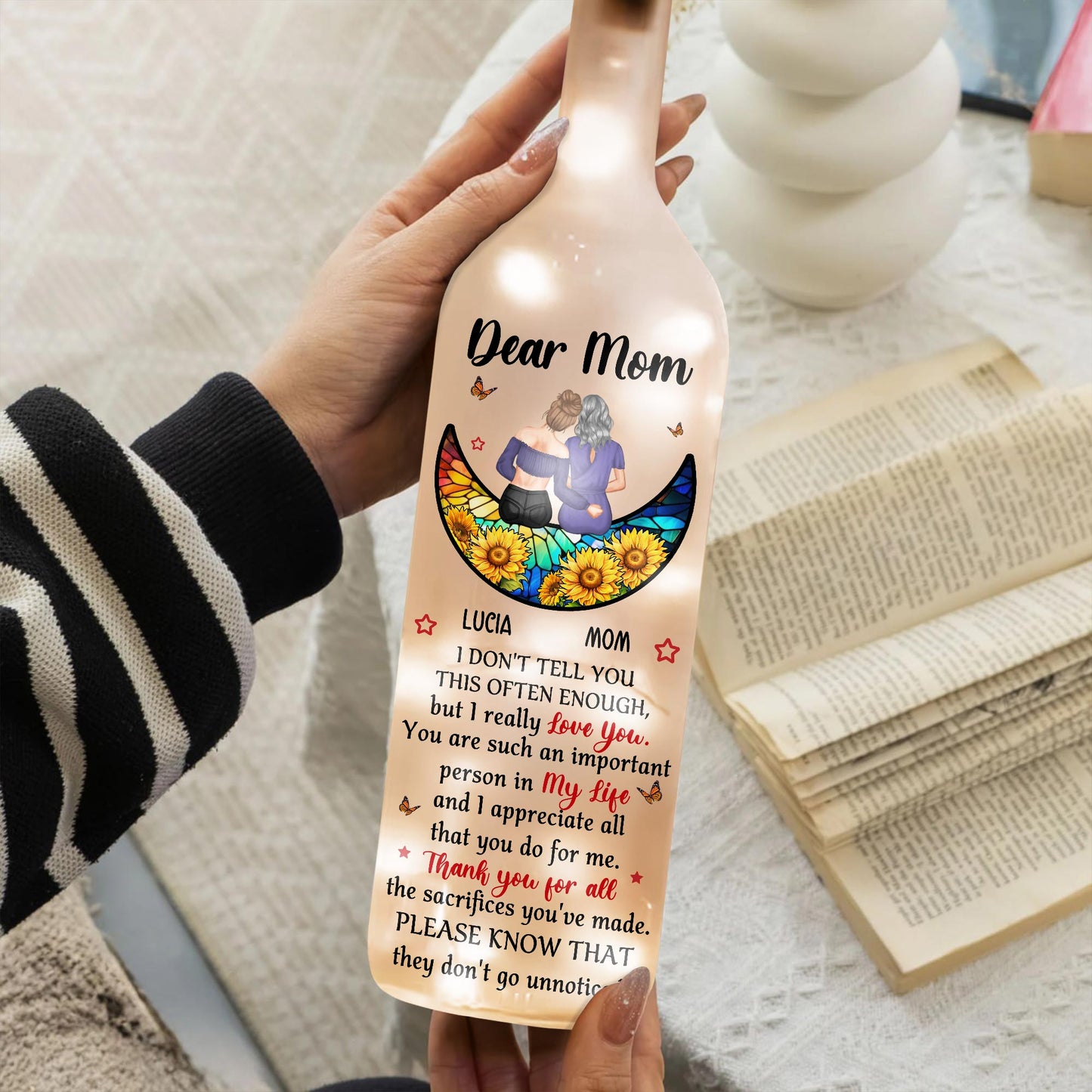 Dear Mom Sunflowers And Butterflies Boat Design - Personalized Bottle Lamp - MOM050_BTL