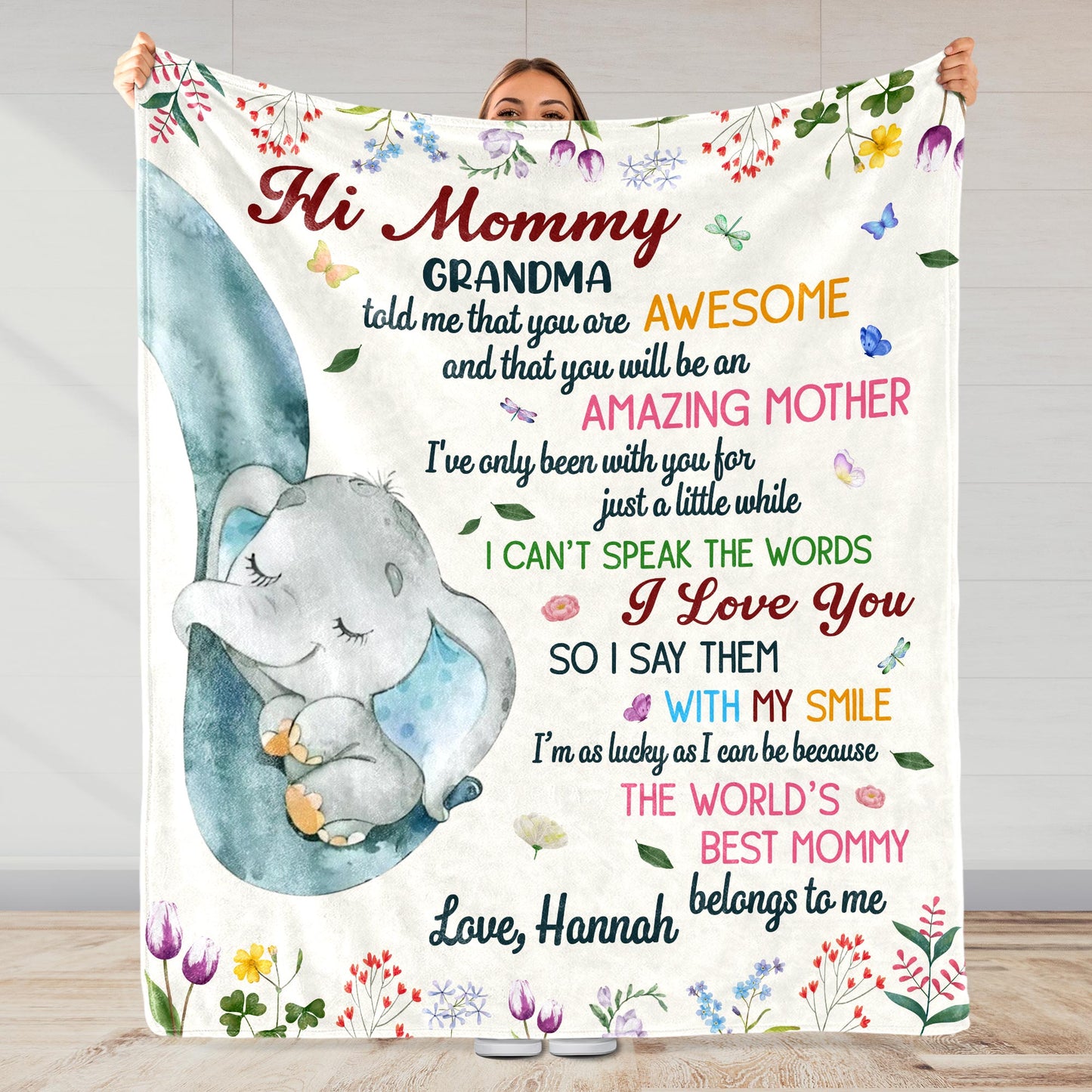 Hi Mommy Grandma, You Are Awesome, Elephant and Flowers Blanket