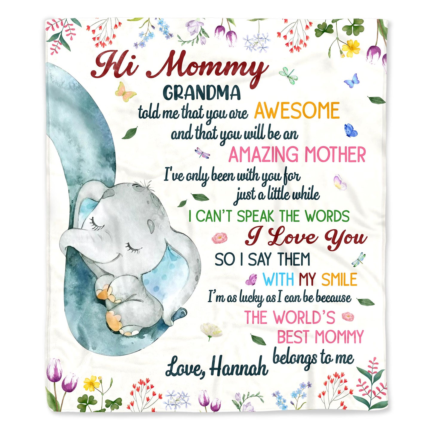 Hi Mommy Grandma, You Are Awesome, Elephant and Flowers Blanket