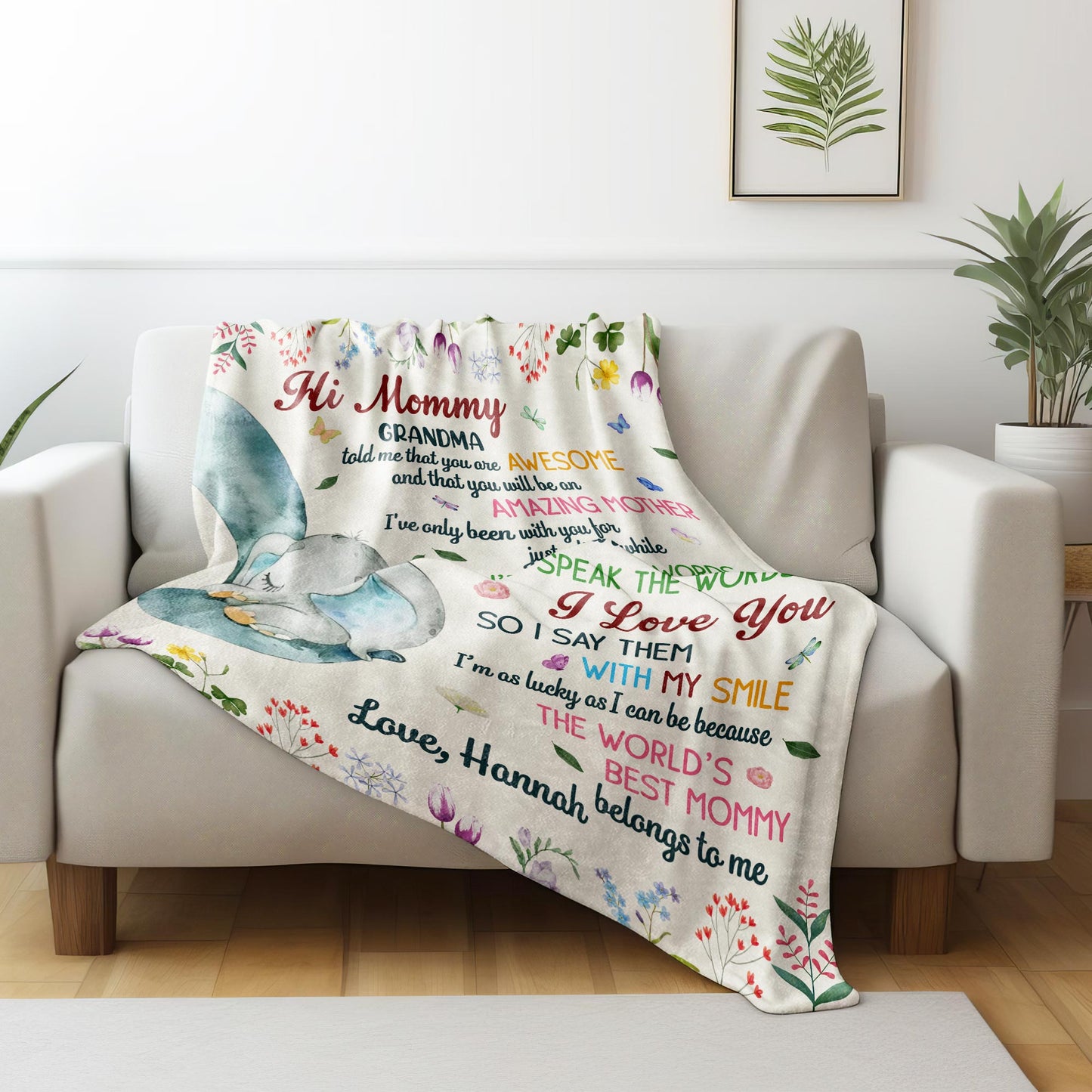 Hi Mommy Grandma, You Are Awesome, Elephant and Flowers Blanket