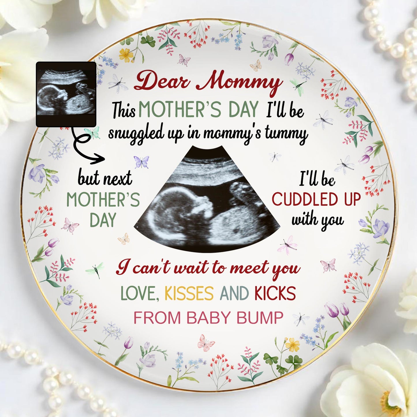 Dear Mommy, Love Kisses And Kicks From Baby Bump - Personalized Custom Jewelry Dish, Ceramic Dish, Round Shape - MOM056_RCRF